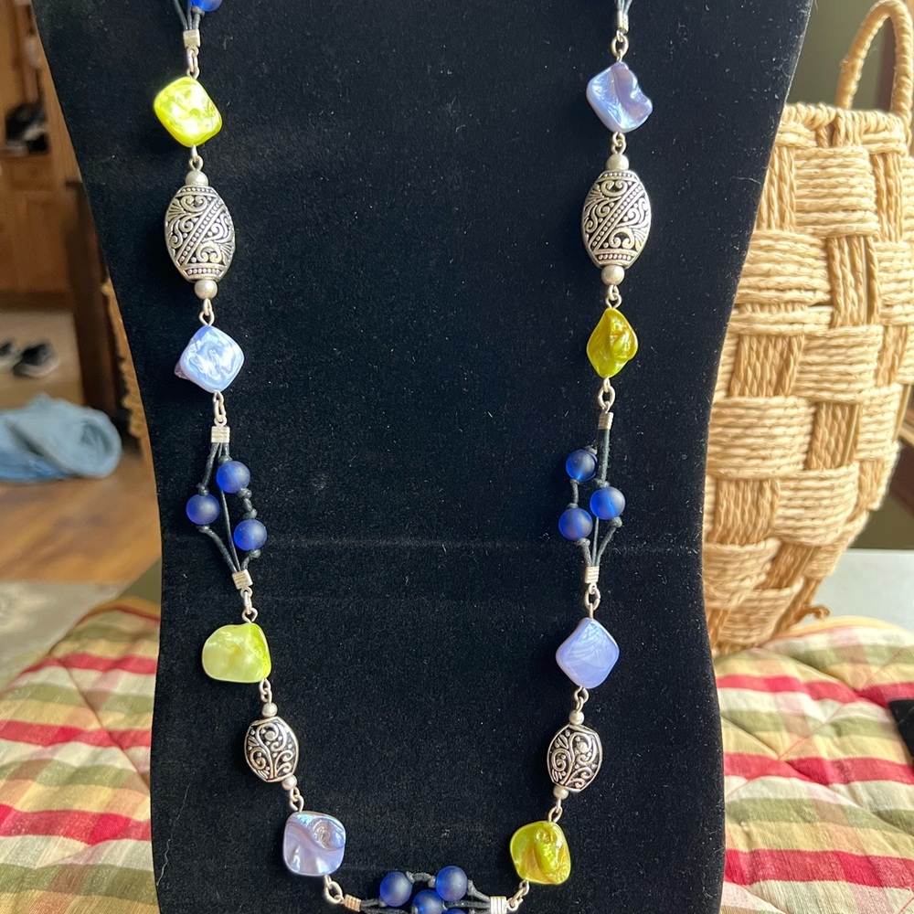 Coldwater Creek Elegant Blue and Silver Beaded/Shell Necklace Extra Long